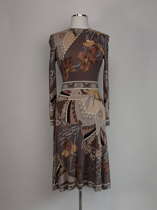 1980S - EMILIO PUCCI INSPIRED LEONARD LEONARD PARIS SILK JERSEY FLORAL PRINT KNEE LENGTH DRESS