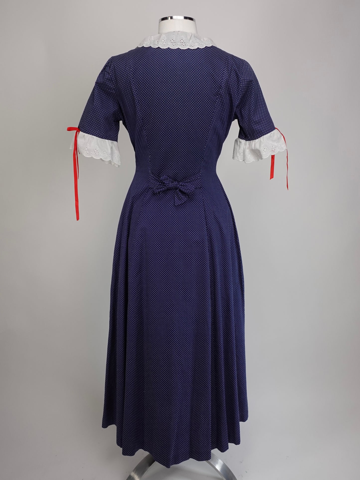 1940S - BLUE SWISS DOTS LACE TRIM MAXI DRESS