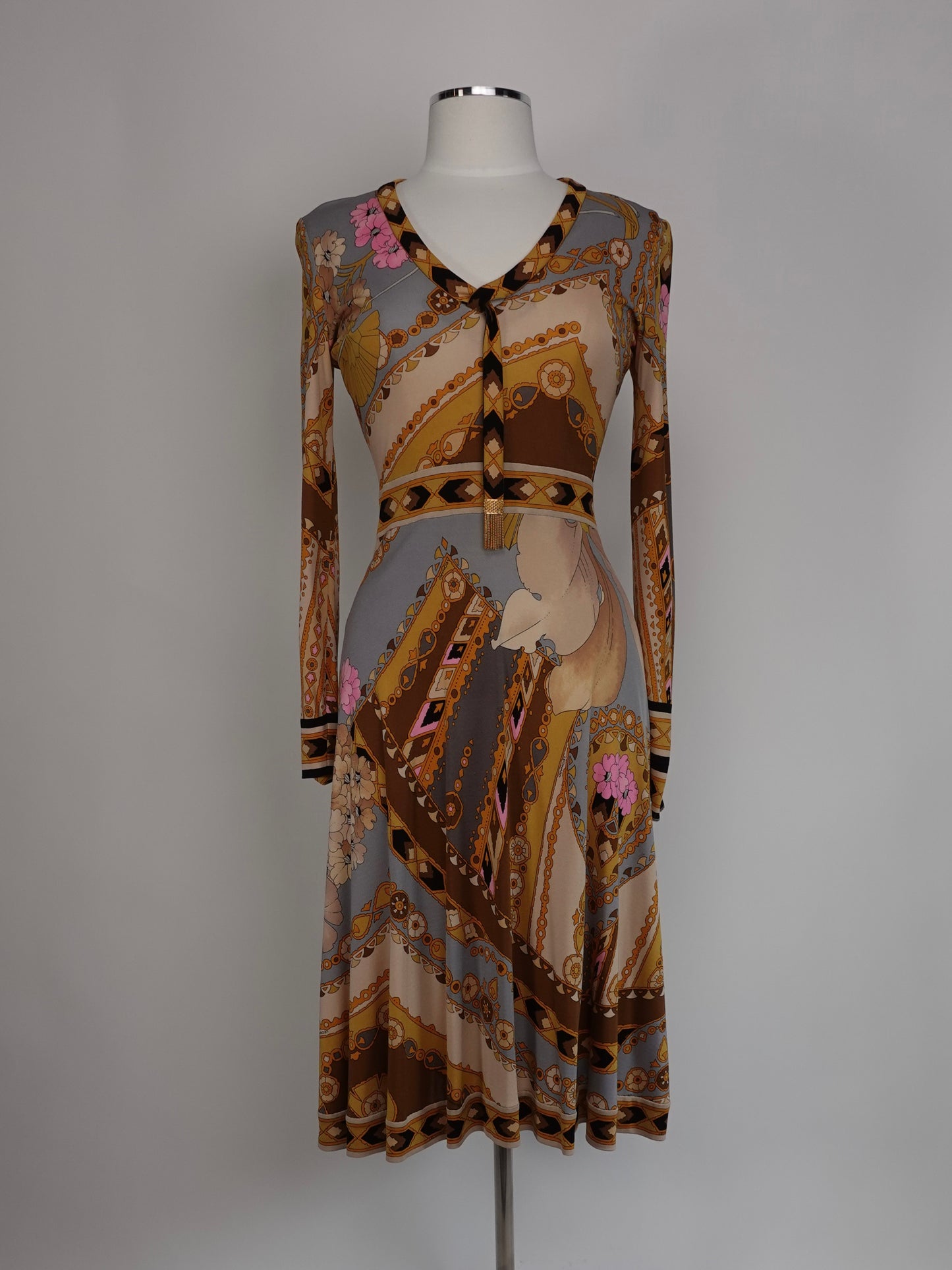 1980S - EMILIO PUCCI INSPIRED LEONARD PARIS SILK JERSEY FLORAL PRINT KNEE LENGTH DRESS