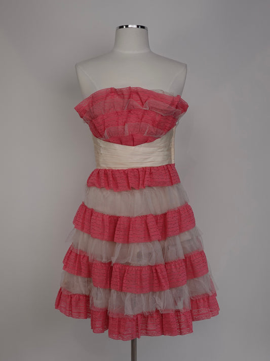 1980S - BETSEY JOHNSON PINK/WHITE TIERED RUFFLES PARTY DRESS