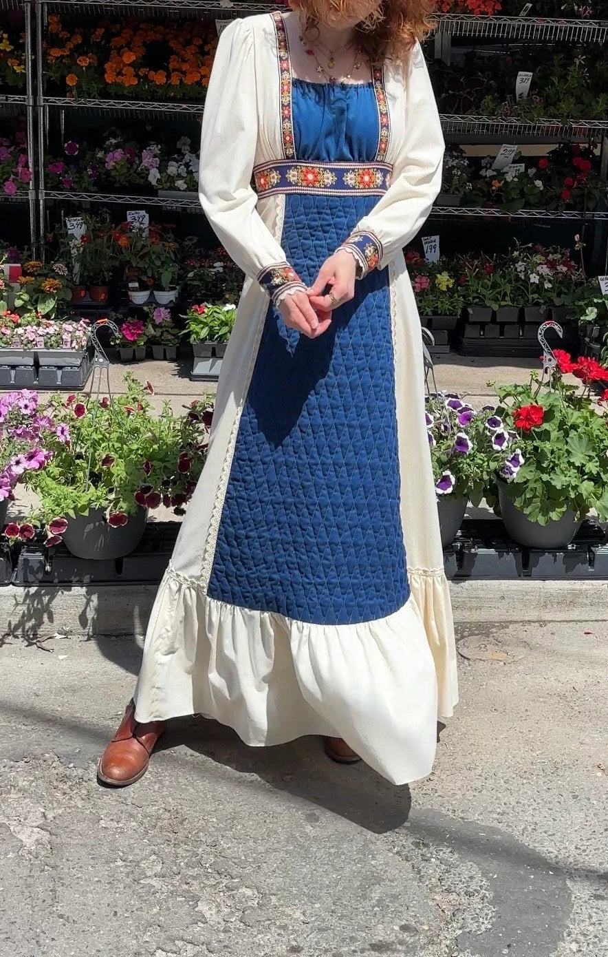 1970S - GUNNE SAX RENAISSANCE MAXI DRESS QUILTED PANEL