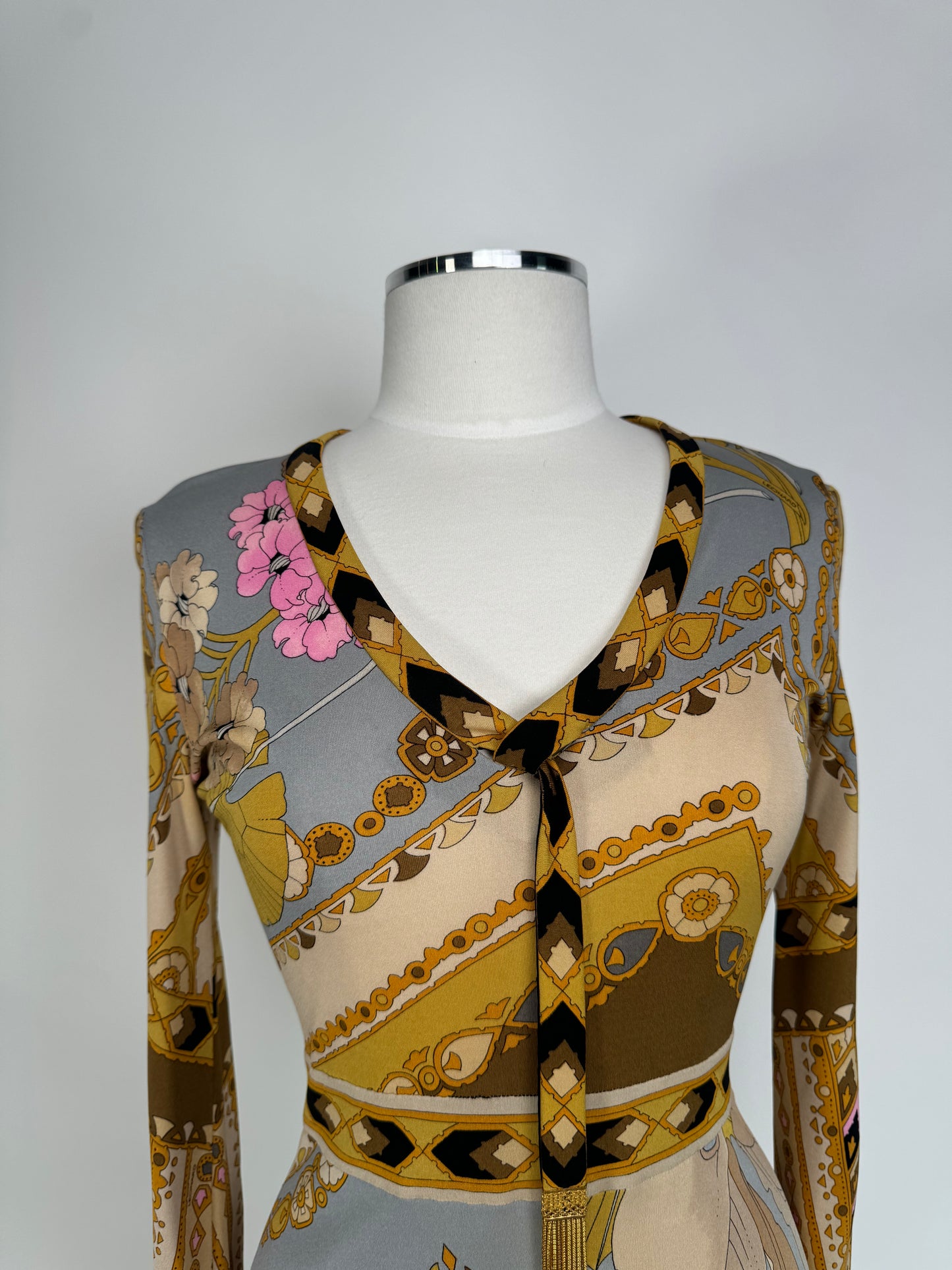 1980S - EMILIO PUCCI INSPIRED LEONARD PARIS SILK JERSEY FLORAL PRINT KNEE LENGTH DRESS