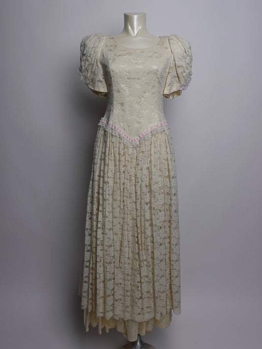 1940S - GUNNE SAX STYLE FRENCH LACE MAXI DRESS