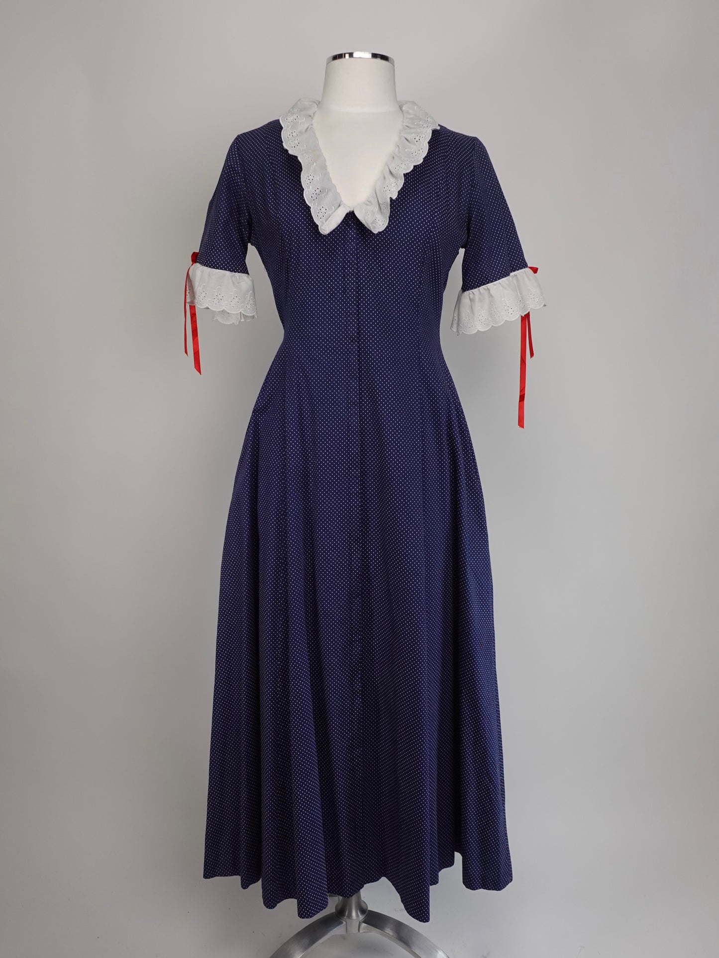 1940S - BLUE SWISS DOTS LACE TRIM MAXI DRESS