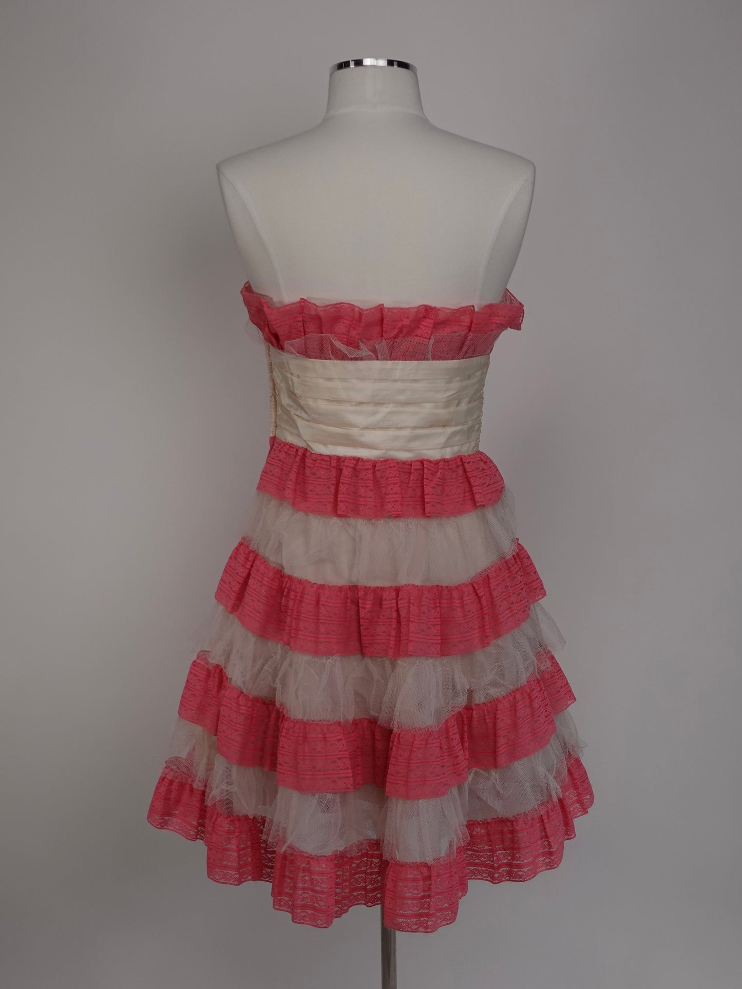 1980S - BETSEY JOHNSON PINK/WHITE TIERED RUFFLES PARTY DRESS