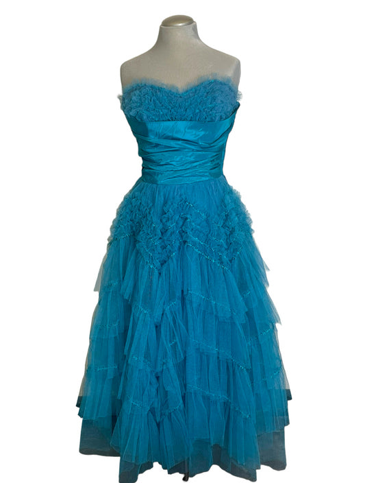 Sweetheart Teal Tulle 1950s Débutante Dress