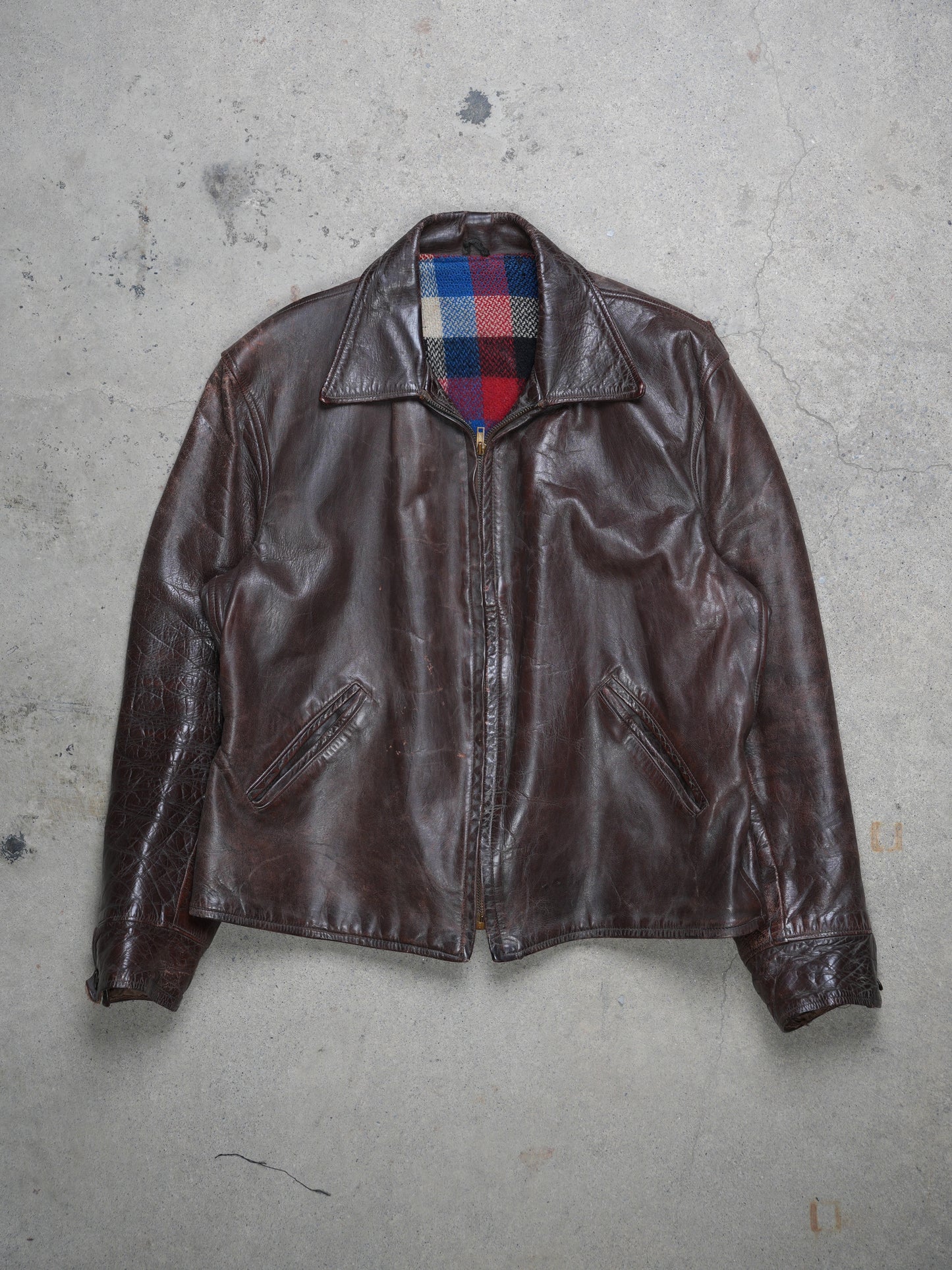 1940S/1950S - HORSEHIDE/STEERHIDE PLAID LINED HALFBELT JACKET