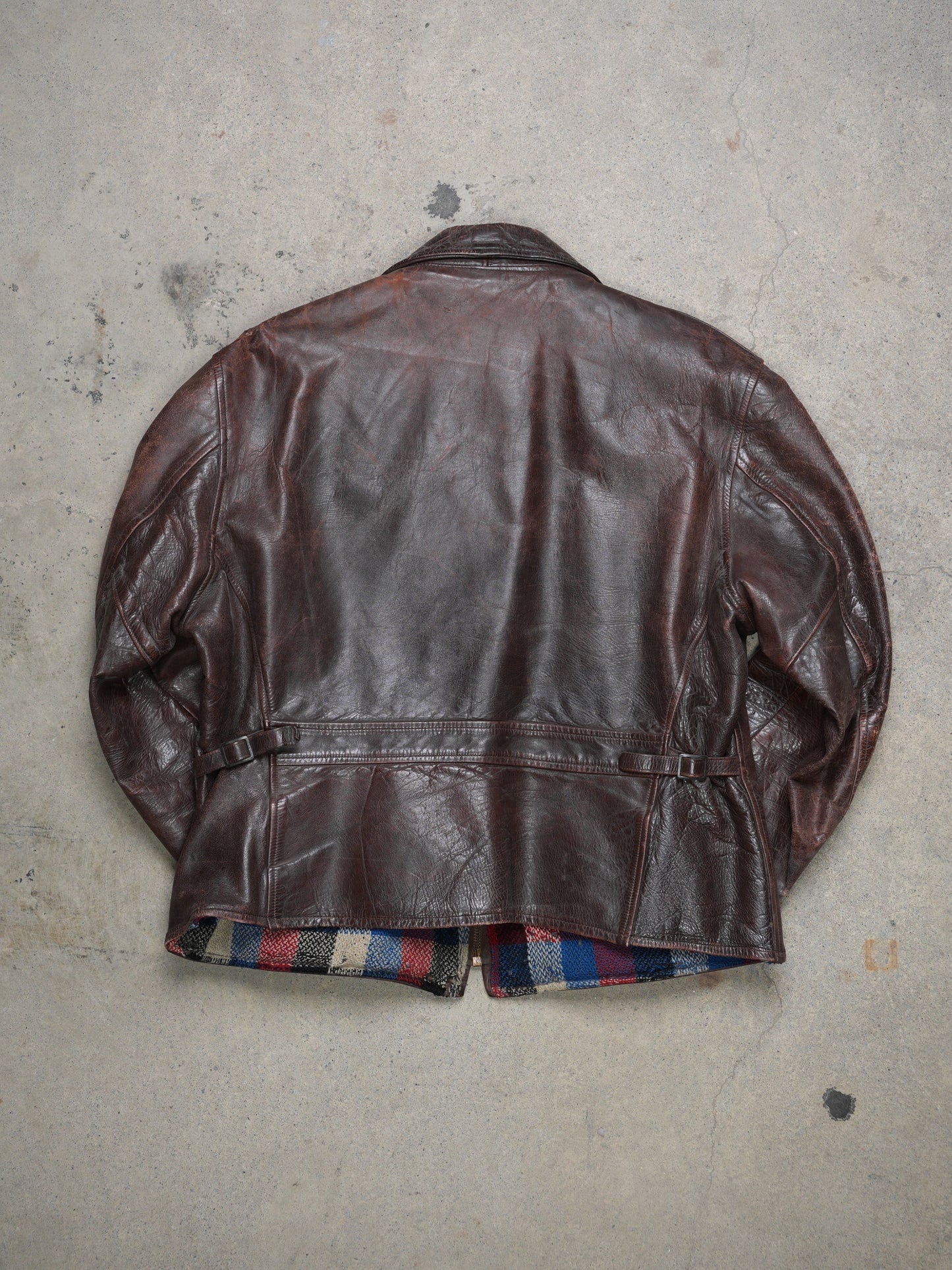 1940S/1950S - HORSEHIDE/STEERHIDE PLAID LINED HALFBELT JACKET