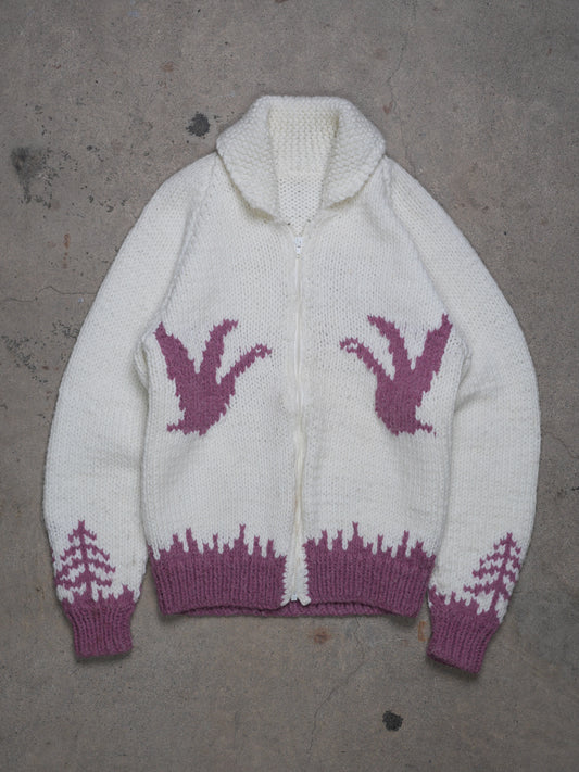 1960S - PINK "FLYING DUCK" COWICHAN/CURLING HAND KNIT SWEATER