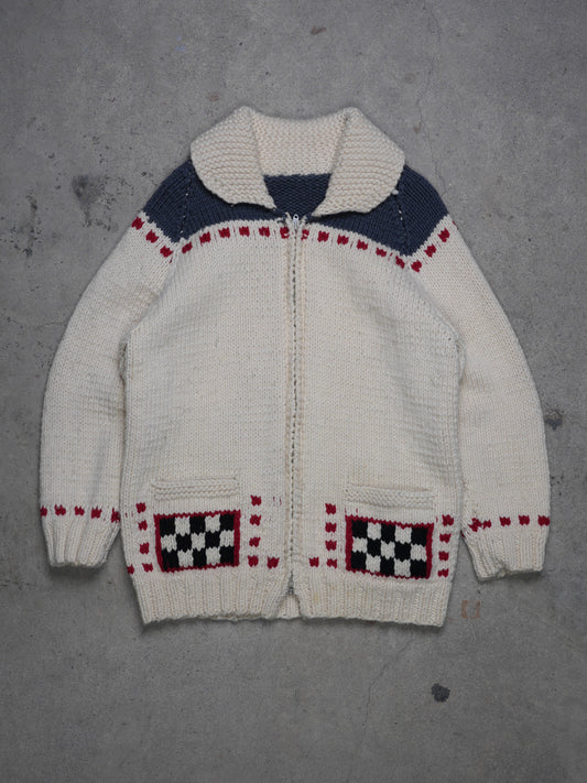 1960S - TRUCK PATTERN COWICHAN/CURLING HAND KNIT SWEATER